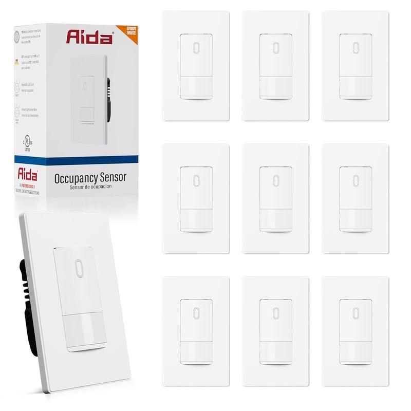 Aida Single Pole Motion Sensor Light Switch w/Neutral Wire - 120° PIR Infrared Activation - CFL/LED/MLV/INC/HAL/Fan Compatible - UL Certified - 10 Pack,Matte White - Image 1